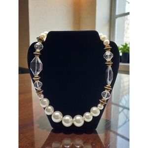 Vintage W. GERMANY Faux Pearl and Crystal Gold Tone Statement Necklace